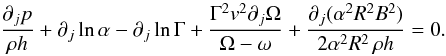 Mathematical equation: \begin{equation} \frac{\partial_j p}{\rho h} + \partial_j \ln\alpha - \partial_j \ln\Gamma +\frac{\Gamma^2 v^2\partial_j\Omega}{\Omega-\omega} + \frac{\partial_j (\alpha^2R^2B^2)}{2\alpha^2R^2 \,\rho h} =0. \end{equation}