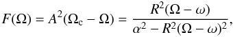 Mathematical equation: \begin{equation} F(\Omega)=A^2(\Omega_{\rm c}-\Omega)= \frac{R^2(\Omega-\omega)}{\alpha^2-R^2(\Omega-\omega)^2}, \label{eq:Omega} \end{equation}