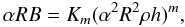 Mathematical equation: \begin{equation} \alpha R B= K_m(\alpha^2 R^2 \rho h)^m, \label{eq:B} \end{equation}