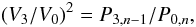 Mathematical equation: \begin{equation} \label{eq:v3} (V_{3}/V_{0})^2 = P_{3,n-1}/P_{0,n}, \end{equation}