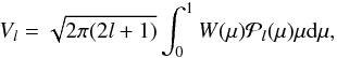 Mathematical equation: \begin{equation} V_l = \sqrt{2\pi(2l+1)}\int_0^1 W(\mu) {\cal P}_l(\mu) \mu {\rm d}\mu,\label{eq:vistheo} \end{equation}