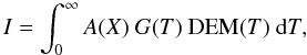 Mathematical equation: \begin{equation} \label{I} I=\int^{\infty}_{0}{A}(X)\ {G}(T)\ {\rm DEM}(T)\ {\rm d}T, \end{equation}