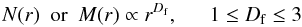 Mathematical equation: \begin{equation} N(r) \ \ {\rm or} \ \ M(r) \propto r^{D_{\rm f}}, \ \ \ \ \ \ 1 \leq D_{\rm f} \leq 3 \end{equation}