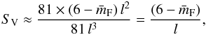 Mathematical equation: \begin{equation} S_{\rm V} \approx \frac{ 81 \times ( 6 - {\bar m_{\rm F}})\, l^2}{81\, l^3} = \frac{ ( 6 - {\bar m_{\rm F}})}{l}, \label{ eq_SV0} \end{equation}