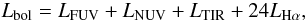 Mathematical equation: \begin{equation} L_{\rm bol}=L_{\rm FUV}+L_{\rm NUV}+L_{\rm TIR}+24 L_{\rm H\alpha}, \end{equation}