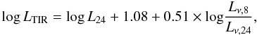 Mathematical equation: \begin{equation} \log L_{\rm TIR}=\log L_{24} + 1.08 + 0.51\times {\hbox{log}} {L_{\nu,8} \over L_{\nu,24}}, \end{equation}