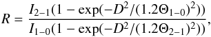 Mathematical equation: \begin{equation} R={I_{2-1} (1-\exp(-D^2/(1.2\Theta_{1-0})^2))\over I_{1-0} (1-\exp(-D^2/(1.2\Theta_{2-1})^2))}, \end{equation}