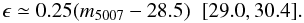 Mathematical equation: \begin{equation} \label{magerr} \epsilon\nsimeq0.25({m}_{5007}-28.5)\;\; [29.0,30.4]. \end{equation}