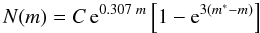 Mathematical equation: \begin{equation} \label{Ciardullo} N(m)=C\,{\rm e}^{0.307\;m}\left[1-{\rm e}^{3(m^*-m)}\right] \end{equation}