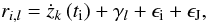 Mathematical equation: \begin{equation} \label{rv_model} r_{i,l} = \dot{z}_{k}\left(t_{\rm i}\right) + \gamma_{l} + \epsilon_{\rm i} + \epsilon_{\rm J}, \end{equation}