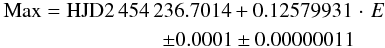 Mathematical equation: \begin{eqnarray*} {\rm Max = HJD} 2\,454\,236.7014 + 0.12579931\,\, {\cdot\,\, E}\\ \pm0.0001 \pm0.00000011 \end{eqnarray*}