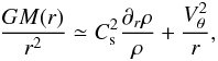 Mathematical equation: \begin{equation} {G M(r) \over r^2} \simeq C_{\rm s}^2 {\partial_r \rho \over \rho} + {V_\theta ^2 \over r}, \end{equation}