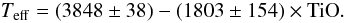 Mathematical equation: \begin{equation} \label{calteffg} T_{{\rm eff}} = (3848\pm38)-(1803\pm154)\times {\rm TiO}. \end{equation}