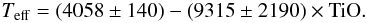 Mathematical equation: \begin{equation} \label{calteffd} T_{{\rm eff}} = (4058\pm140) - (9315\pm2190) \times {\rm TiO}. \end{equation}