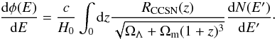 Mathematical equation: \begin{equation} \frac{{\rm d}\phi(E)}{{\rm d}E}=\frac{c}{H_0}\int_{0} {\rm d}z \frac{R_{\rm CCSN}(z)}{\sqrt{\Omega_\Lambda+\Omega_{\rm m}(1+z)^3}}\frac{{\rm d}N(E')}{{\rm d}E'}\cdot \label{main} \end{equation}