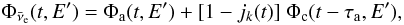 Mathematical equation: \begin{equation} \Phi_{\bar\nu_{\rm e}}(t,E') = \Phi_{\rm a}(t,E') + [1-j_k(t)]\ \Phi_{\rm c} (t-\tau_{\rm a},E'), \label{flux} \end{equation}