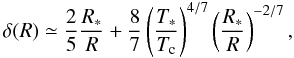 Mathematical equation: \begin{equation} \delta(R) \simeq \frac{2}{5}\frac{R_*}{R} + \frac{8}{7} \left(\frac{T_*}{T_{\rm c}}\right)^{4/7} \left(\frac{R_*}{R}\right)^{-2/7}, \label{eq:grazing-angle} \end{equation}