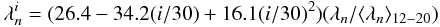 Mathematical equation: \begin{equation} \label{eq:lati_tmin_2} {\lambda}^i_n=(26.4-34.2(i/30)+16.1(i/30)^{2})({\lambda}_n/{\langle{\lambda_n}\rangle_{12-20}}) \end{equation}