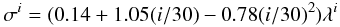 Mathematical equation: \begin{equation} \label{eq:lati_tmin_w} \sigma^i=(0.14+1.05(i/30)-0.78(i/30)^{2})\lambda^i \end{equation}