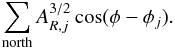 Mathematical equation: \begin{equation} \sum_{\mathrm{north}} A_{R,j}^{3/2} \cos(\phi-\phi_j). \end{equation}