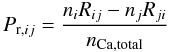 Mathematical equation: \begin{equation} P_{\mathrm{r}, i j} = \frac{ n_i R_{ij} - n_j R_{ji} }{n_\mathrm{Ca, total}} \label{eq:netrate} \end{equation}