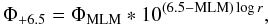 Mathematical equation: \begin{equation} \Phi_{+6.5} = \Phi_{\rm MLM} * 10^{(6.5 - {\rm MLM}) \log r}, \end{equation}