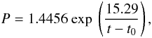 Mathematical equation: \begin{equation} P = 1.4456\ {\rm exp}\ \left( \frac{15.29}{t - t_0} \right), \label{per_fit} \end{equation}