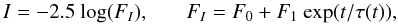 Mathematical equation: \begin{equation} \label{eq_rise} I = -2.5\ {\rm log} (F_I), ~~~~~~~F_I = F_0 + F_1\ {\rm exp} (t/\tau(t)), \end{equation}