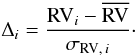 Mathematical equation: \begin{equation} \Delta_i=\frac{{\rm RV}_i-\overline{\rm RV}}{\sigma_{{\rm RV},\,i}}\cdot \label{e_errors} \end{equation}