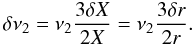 Mathematical equation: \begin{equation} \delta \nt = \nt {3\delta X \over 2X} = \nt {3\delta r \over 2r}. \end{equation}