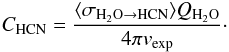 Mathematical equation: \begin{equation} C_{\rm HCN} = \frac{\langle \sigma_{\rm H_2O\rightarrow HCN} \rangle Q_{\rm H_2O}}{4\pi v_{\rm exp}}\cdot \end{equation}