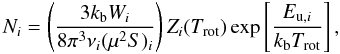 Mathematical equation: \begin{equation} {N_i} = \left(\frac{3k_{\rm b} W_i}{8\pi^3\nu_i(\mu^2S)_i}\right) Z_i(T_{\rm rot}) \exp \left[\frac{E_{{\rm u}, i}}{k_{\rm b} T_{\rm rot}}\right], \label{etl_col_dens} \end{equation}