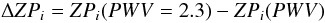 Mathematical equation: \begin{equation} \Delta ZP_i = ZP_i(PWV=2.3) - ZP_i(PWV) \end{equation}