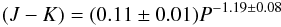 Mathematical equation: \begin{equation} (J-K) = (0.11 \pm 0.01) P^{-1.19 \pm 0.08} \end{equation}