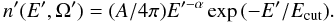 Mathematical equation: \begin{equation} n'(E',\Omega') = (A/4\pi) E'^{-\alpha} \exp{(-E'/E_{\rm cut})}. \label{n-cut} \end{equation}