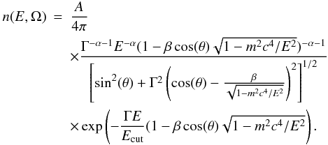 Mathematical equation: \begin{eqnarray} \label{final-cut} n(E,\Omega) &=& \frac{ A}{4\pi} \\ && \times \frac{ \Gamma^{-\alpha-1} E^{-\alpha} (1-\beta \cos(\theta) \sqrt{1-m^2 c^4/E^2})^{-\alpha-1} } { \left[ \sin^2 (\theta) + \Gamma^2 \left( \cos(\theta) - \frac{ \beta }{ \sqrt {1 - m^2c^4 / E^2} } \right)^2 \right]^{1/2} } \nonumber \\ && \times \exp \left( -\frac{\Gamma E } {E_{\rm cut}} (1-\beta \cos(\theta) \sqrt{1- m^2c^4/E^2} \right). \nonumber \end{eqnarray}