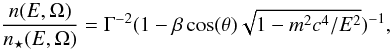 Mathematical equation: \begin{equation} \frac{n(E,\Omega) } { n_\star(E,\Omega) } = \Gamma^{-2} (1-\beta \cos(\theta) \sqrt{1-m^2 c^4/E^2})^{-1}, \label{comp} \end{equation}
