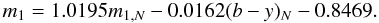 Mathematical equation: \begin{equation} m_1=1.0195 m_{1,N}-0.0162 (b-y)_N-0.8469. \end{equation}