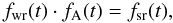 Mathematical equation: \begin{equation} f_{\mathrm{wr}}(t) \cdot f_{\rm A}(t) = f_{\mathrm{sr}}(t), \label{gfr} \end{equation}