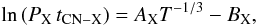 \begin{equation} \ln{ (P_{\rm X} \, t_{\rm CN-X})} =A_{\rm X} T^{-1/3}-B_{\rm X}, \label{eq:LT} \end{equation}