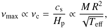 \begin{equation} \label{eq:nu_max} \nu_{\rm max} \propto \nu_{\rm c} = \frac{c_{\rm s}}{H_{\rm p}} \propto \frac{M\, R^2}{\sqrt{T_{\rm eff}}}, \end{equation}