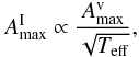 \begin{equation} \label{relation_iv_adia} A_{\rm max}^{\rm I} \propto \frac{A_{\rm max}^{\rm v}}{\sqrt{T_{\rm eff}}}, \end{equation}
