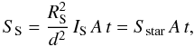 \begin{equation} \label{stellarsignal} S_{\rm S}=\frac{R_{\rm S}^2}{d^2} \, I_{\rm S} \, A \, t=S_{\mathrm{star}} \, A \, t, \end{equation}