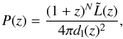 \begin{equation} P(z) = \frac{(1+z)^N \tilde{L}(z)}{4\pi d_\mathrm{l}(z)^2}, \label{eq:2} \end{equation}