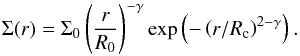 \appendix \setcounter{section}{4} \begin{equation} \label{app:3} \Sigma(r) = \Sigma_0 \left(\frac{r}{R_0}\right)^{-\gamma} \exp\left(-\left(r/R_{\rm c}\right)^{2-\gamma}\right). \end{equation}
