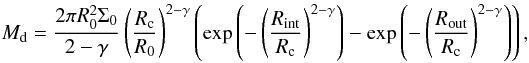 \begin{equation} \label{eq:mass} M_{\rm d} = \frac{2 \pi R_0^2 \Sigma_0}{2-\gamma} \left( \frac{R_{\rm c}}{R_0}\right)^{2-\gamma} \left( \exp \left(-\left(\frac{R_\mathrm{int}}{R_{\rm c}}\right)^{2-\gamma}\right) - \exp\left(-\left(\frac{R_\mathrm{out}}{R_{\rm c}}\right)^{2-\gamma}\right) \right), \end{equation}