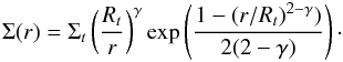 \begin{equation} \label{eq:isella} \Sigma(r) = \Sigma_t \left(\frac{R_t}{r}\right)^{\gamma} \exp\left(\frac{1- \left(r/R_t\right)^{2-\gamma})}{2(2-\gamma)}\right) \cdot \end{equation}