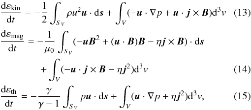\begin{eqnarray} &&\frac{{\rm d} \varepsilon_{\rm kin}}{{\rm d} t} = - \frac{1}{2} \int_{S_{V}} \rho u^{2} \vec u \cdot {\rm d}\vec s + \int_{V} (- \vec u \cdot \nabla p + \vec u \cdot \vec j \times \vec B) {\rm d}^{3}v\\ &&\frac{{\rm d} \varepsilon_{\rm mag}}{{\rm d} t} = - \frac{1}{\mu_{0}} \int_{S_{V}}(-\vec u \vec B^{2} + (\vec u \cdot \vec B)\vec B -\eta \vec j \times \vec B) \cdot {\rm d}\vec s \nonumber\\ && \qquad \qquad + \int_{V} (- \vec u \cdot \vec j \times \vec B - \eta \vec j^{2}) {\rm d}^{3}v \\ &&\frac{{\rm d} \varepsilon_{\rm th}}{{\rm d} t} = - \frac{\gamma}{\gamma -1} \int_{S_{V}} p \vec u \cdot {\rm d} \vec s + \int_{V} ( \vec u \cdot \nabla p + \eta \vec j^{2} ) {\rm d}^{3}v, \end{eqnarray}