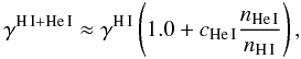 \appendix \setcounter{section}{1} \begin{equation} \gamma^{\mathrm{H\,I}+\mathrm{He\,I}}\approx\gamma^{\mathrm{H\,I}}\left(1.0+c_{\mathrm{He\,I}}\frac{n_{\mathrm{He\,I}}}{n_{\mathrm{H\,I}}}\right), \end{equation}