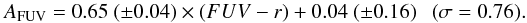 $$ A_{\rm FUV} = 0.65~(\pm 0.04)\times (FUV-r) +0.04~(\pm 0.16) ~~~(\sigma=0.76). $$